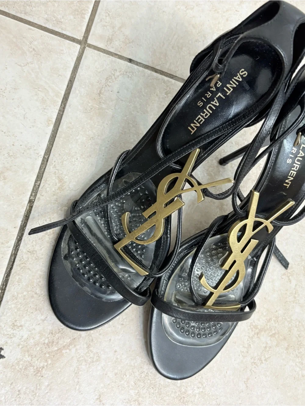Saint Laurent Black Leather Heeled Sandals with Gold YSL Logo - Picture 3 of 4